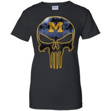 Load image into Gallery viewer, Michigan Wolverines Football The Punisher Skull T-Shirt For Women