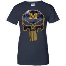 Load image into Gallery viewer, Michigan Wolverines Football The Punisher Skull T-Shirt For Women